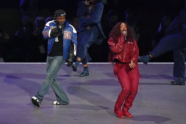 SZA and Kendrick Lamar perform during halftime at Super Bowl LIX at Caesars Superdome in New Orleans. The pair kicked off their Grand National tour in Minneapolis April 19, 2025