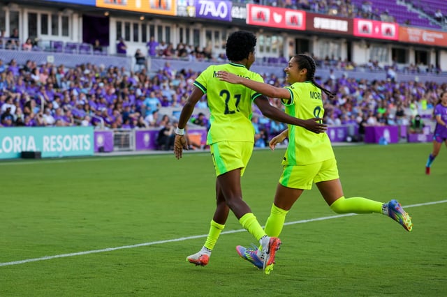 Apr 19, 2025; Orlando, Florida, USA; Washington Spirit forward Gift Monday (21) celebrates scoring a goal during the second half against the Orlando Pride at Inter&Co Stadium. Mandatory Credit: Mike Watters-Imagn Images