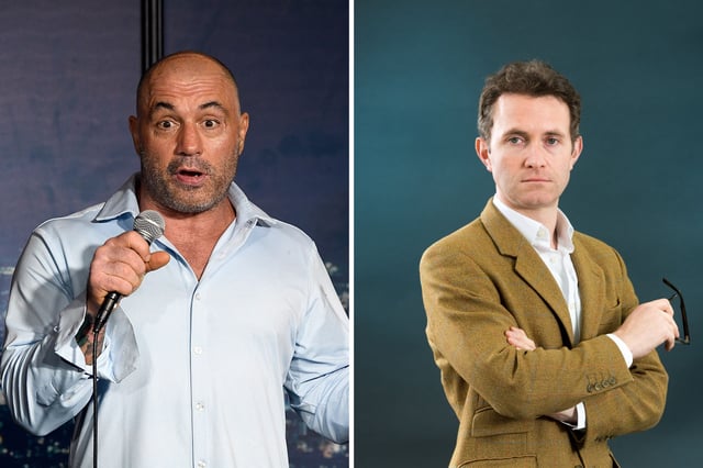 Left: Comedian Joe Rogan performs during his appearance at The Ice House Comedy Club on April 17, 2019 in Pasadena, California. Right: British author, journalist and political commentator Douglas Murray attends a photocall during the annual Edinburgh International Book Festival at Charlotte Square Gardens on August 13, 2017 in Edinburgh, Scotland.