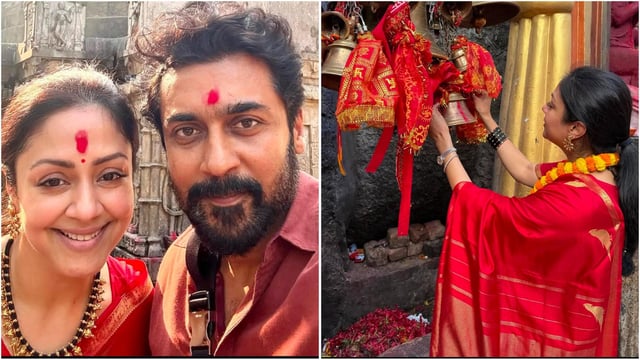 Jyotika dazzled in a red saree during her visit to the Shakti peethas with Suriya. 