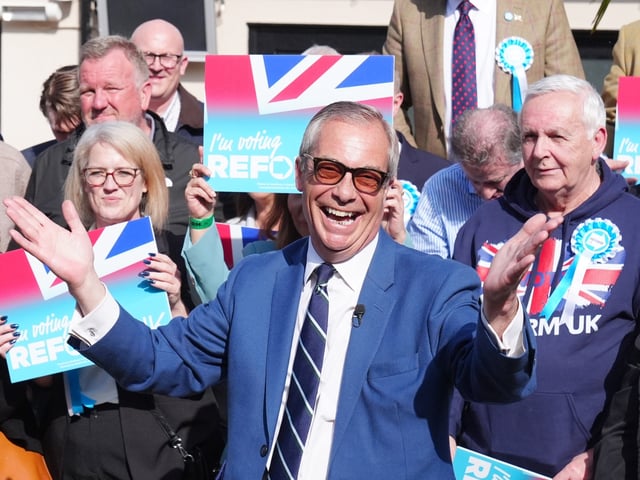 Reform UK leader Nigel Farage poses outside The Waterford Lodge, Morpeth, in Northumberland, whilst on the local election campaign trail. Picture date: Tuesday April 15, 2025. (Photo by Owen Humphreys/PA Images via Getty Images)