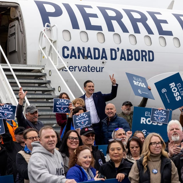 Conservative Leader Pierre Poilievre arrives in Terrace, B.C., during a campaign stop on Sunday, April 6, 2025. THE CANADIAN PRESS/Aaron Whitfield