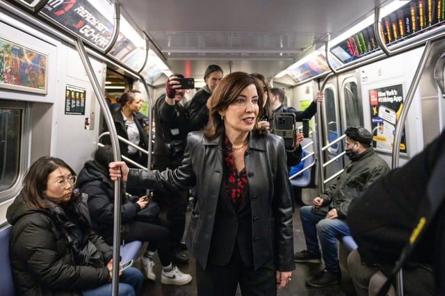 Kathy Hochul, governor of New York, on the uptown E train after a news conference on congestion pricing in N.Y., on March 21, 2025. 
