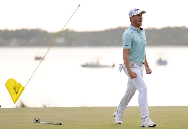 HILTON HEAD ISLAND, SOUTH CAROLINA - APRIL 20: Justin Thomas of the United States celebrates on the 18th green during the first playoff hole after winning the final round of the RBC Heritage 2025 at Harbour Town Golf Links on April 20, 2025 in Hilton Head Island, South Carolina.