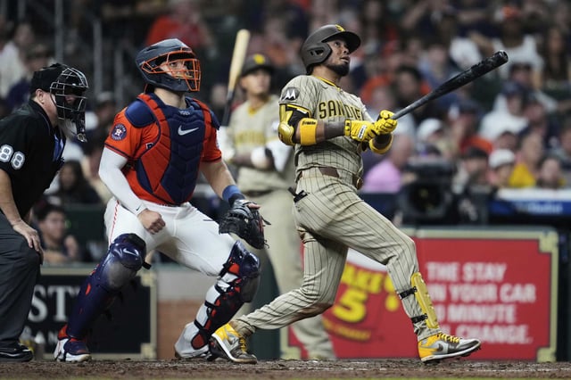 San Diego Padres&#39; Luis Arraez, shown on Saturday, was injured on Sunday against Housotn when he collided with Houston&#39;s Mauricio Dubón at first base.