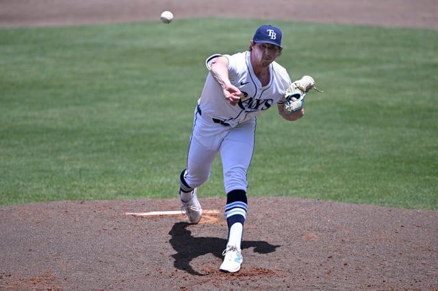 Tampa Bay Rays starting pitcher Ryan Pepiot throws to home plate during the second inning of a baseball game against the New York Yankees, Sunday, April 20, 2025, in Tampa, Fla. (AP Photo/Phelan M. Ebenhack)