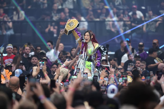 LAS VEGAS, NEVADA - APRIL 20: Iyo Sky walks to the ring prior to the Women&#39;s World Championship title match against Bianca Belair and Rhea Ripley during WrestleMania 41 at Allegiant Stadium on April 20, 2025 in Las Vegas, Nevada.