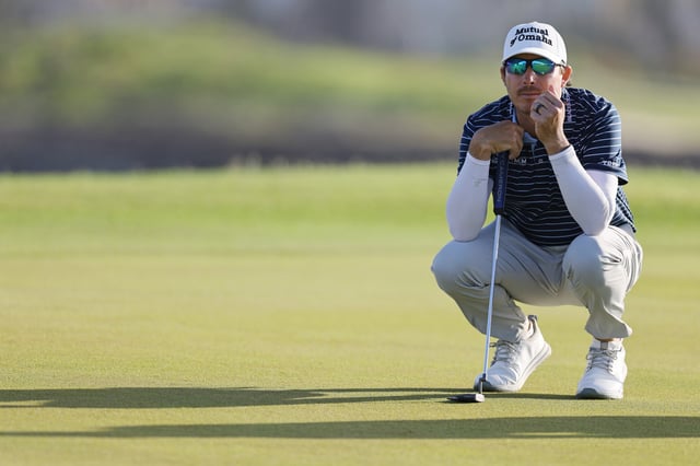 PUNTA CANA, DOMINICAN REPUBLIC - APRIL 20: Joel Dahmen of the United States lines up a putt on the 18th green during the final round of the Corales Puntacana Championship 2025 at Puntacana Resort &amp; Club, Corales Golf Course on April 20, 2025 in Punta Cana, Dominican Republic.