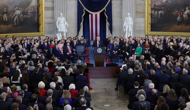 President Donald Trump speaks after being sworn in during his inauguration at the Capitol on January 20, 2025.