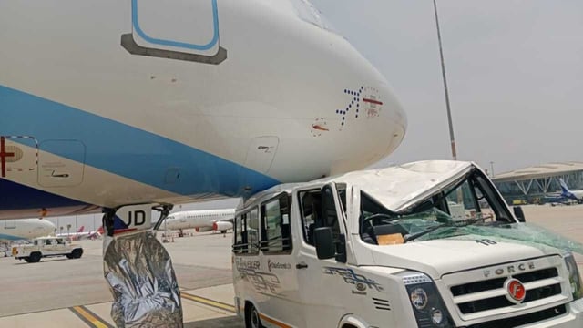 The damaged tempo traveller crashed into a stationary IndiGo aircraft on Friday. (HT photo)