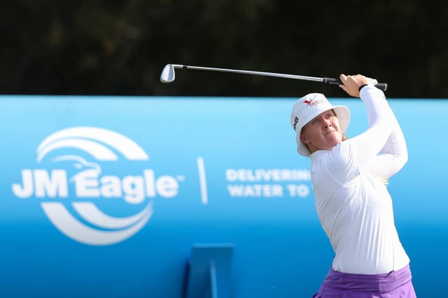 Ingrid Lindblad hits from the fifteenth tee during the final round of the LPGA’s JM Eagle LA Championship golf tournament at El Caballero Country Club Sunday, April 20, 2025, in Los Angeles. (AP Photo/Jessie Alcheh)