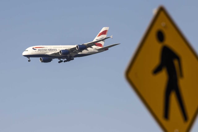 A British Airways Airbus A380 airliner approaches San Francisco International Airport in 2023. A flight attendant for the airline was reportedly found dead in a San Francisco hotel room during a two-day layover.