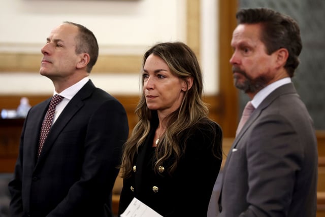 Karen Read, with her attorneys David Yannetti, left, and Alan Jackson, appeared in court for jury selection in her murder trial on April 15, 2025, in Dedham, Massachusetts.