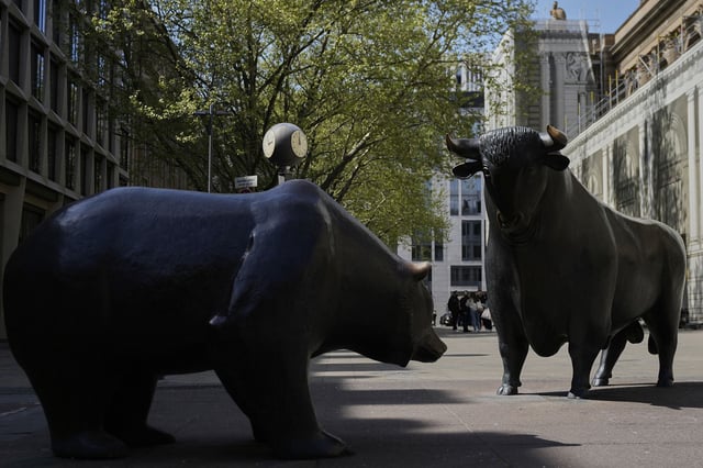 The bull and bear sculptures outside the stock market in Frankfurt, Germany, on April 16.