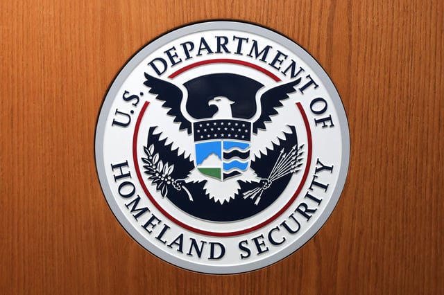The Department of Homeland Security seal on the podium on August 21, 2019 in Washington, DC.
