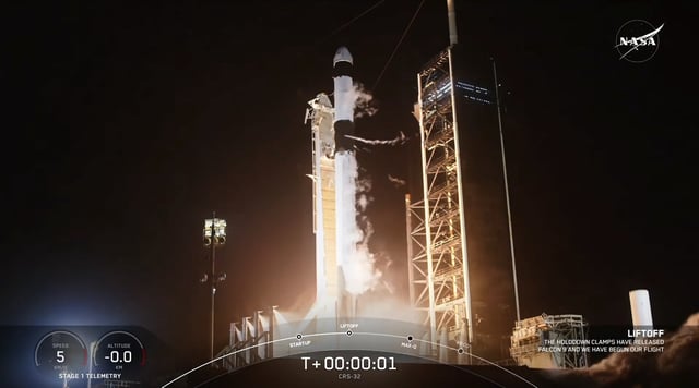 A Falcon 9 lifts off April 21 a cargo Dragon spacecraft on the SpX-32 mission to the ISS.