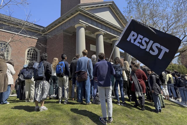 Students, faculty and members of the Harvard University community rally, Thursday, April 17, 2025, in Cambridge, Mass. 