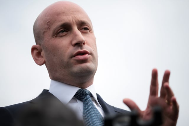 White House Deputy Chief of Staff Stephen Miller speaks to press outside of the White House on April 14, 2025 in Washington, DC. He has suggested that Americans are owed reparations for the impacts of mass migration.