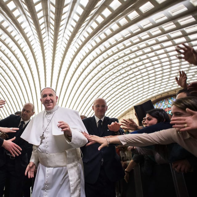 Pope Francis arrives for a special audience with members of the dioceses of Cassano allo Jonio, southern Italy, at the Vatican,  Saturday, Feb. 21, 2015. (AP Photo/L' Osservatore Romano, pool)