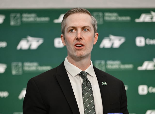Jan 27, 2025; Florham Park, NJ, USA; New York Jets general manager Darren Mougey speaks during an introductory press conference at Atlantic Health Jets Training Center. Mandatory Credit: John Jones-Imagn Images/ File Photo
