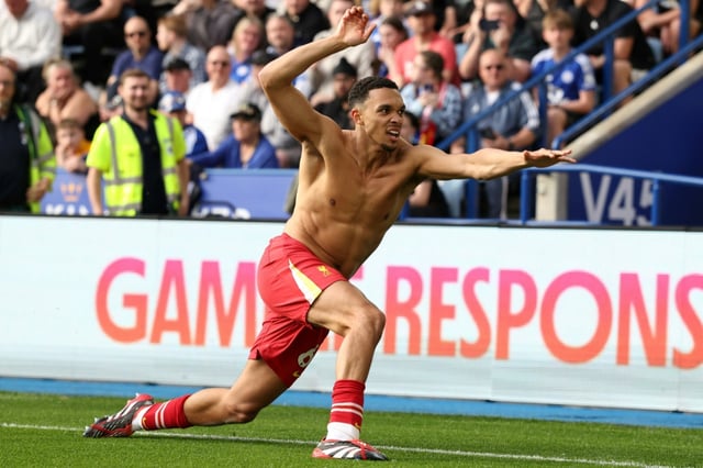 Trent Alexander-Arnold celebrates his goal for Liverpool against Leicester