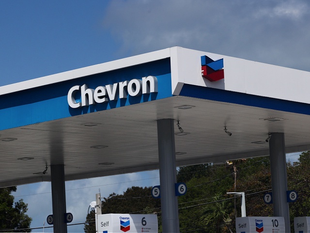Chevron logo is seen at gas station in Florida Keys, United States on May 7, 2024. (Photo by Jakub Porzycki/NurPhoto via Getty Images)
