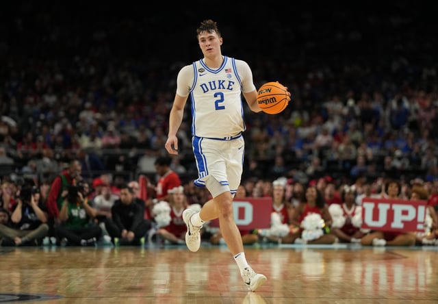 Apr 5, 2025; San Antonio, TX, USA; Duke Blue Devils forward Cooper Flagg (2) dribbles the ball against the Houston Cougars during the second half in the semifinals of the men's Final Four of the 2025 NCAA Tournament at the Alamodome. Mandatory Credit: Bob Donnan-Imagn Images/ File Photo