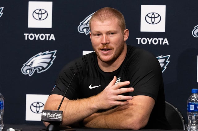 May 6, 2022; Philadelphia, PA, USA; Philadelphia Eagles offensive lineman Cam Jurgens speaks with the media during Rookie Minicamp at NovaCare Complex. Mandatory Credit: Bill Streicher-USA TODAY Sports/ File Photo