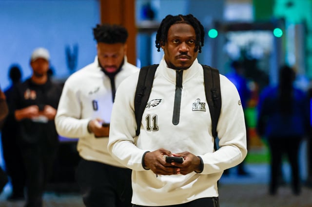 Feb 6, 2025; New Orleans, LA, USA;  Philadelphia Eagles wide receiver A.J. Brown (11) walks into the press room for a press conference in advance of Super Bowl LIX at New Orleans Marriott. Mandatory Credit: Stephen Lew-Imagn Images/ File Photo
