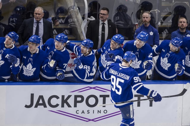 Toronto Maple Leafs' Oliver Ekman-Larsson (95) celebrates a goal against the Ottawa Senators during first period NHL playoff action in Toronto, on Sunday, April 20, 2025.