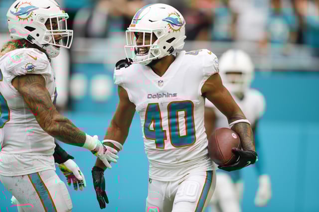 Oct 24, 2021; Miami Gardens, Florida, USA; Miami Dolphins free safety Nik Needham (40) reacts after recovering a fumble against the Atlanta Falcons during the fourth quarter of the game at Hard Rock Stadium. Mandatory Credit: Sam Navarro-USA TODAY Sports/ File Photo