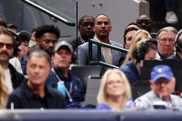 General Manager Nico Harrison of the Dallas Mavericks looks on against the Los Angeles Lakers during the fourth quarter at American Airlines Center on April 09, 2025 in Dallas, Texas.