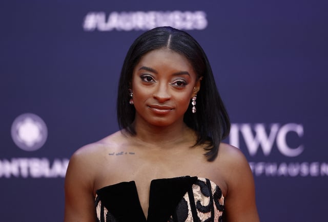 Laureus World Sports Awards - Palacio de Cibeles, Madrid, Spain  - April 21, 2025 U.S. gymnast Simone Biles arrives ahead of the awards ceremony REUTERS/Juan Medina