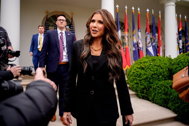 Department of Homeland Security Secretary Kristi Noem arrives for a &#34;Make America Wealthy Again&#34; trade announcement event in the Rose Garden at the White House on April 2, 2025 in Washington, DC.
