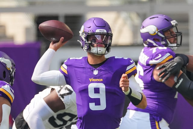 Aug 10, 2024; Minneapolis, Minnesota, USA; Minnesota Vikings quarterback J.J. McCarthy (9) passes against the Las Vegas Raiders in the second quarter at U.S. Bank Stadium. Mandatory Credit: Brad Rempel-USA TODAY Sports/File Photo