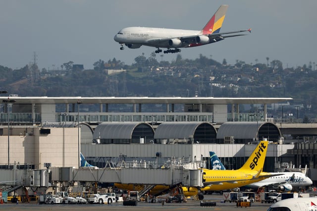 LOS ANGELES, CALIFORNIA - MARCH 30: An Asiana Airlines Airbus A380 arrives at Los Angeles International Airport from Seoul on March 30, 2025 in Los Angeles, California.  (Photo by Kevin Carter/Getty Images)