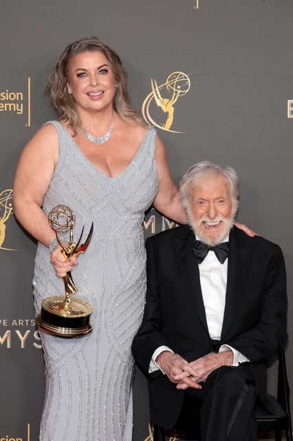 Arlene Silver and Dick Van Dyke, winner of the Emmy Award for outstanding variety special for "Dick Van Dyke: 98 Years of Magic," attend the 76th creative arts Emmy Awards at Peacock Theater on Sept. 7, 2024, in Los Angeles.