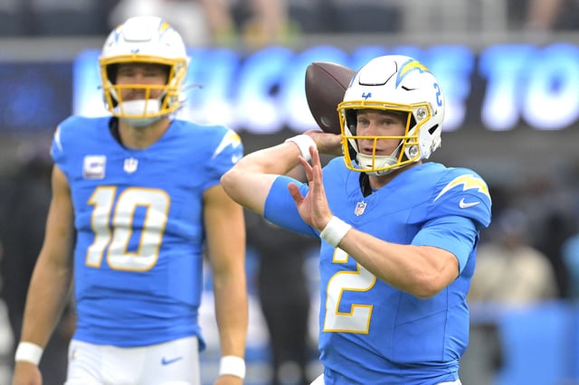 Oct 27, 2024; Inglewood, California, USA;  Los Angeles Chargers quarterback Easton Stick (2) warms up prior to the game against the New Orleans Saints at SoFi Stadium. Mandatory Credit: Jayne Kamin-Oncea-Imagn Images/File Photo