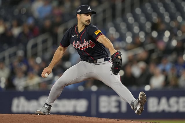 Apr 16, 2025; Toronto, Ontario, CAN; Atlanta Braves starting pitcher Spencer Strider (99) pitches to the Toronto Blue Jays during the first inning at Rogers Centre. Mandatory Credit: John E. Sokolowski-Imagn Images/File Photo