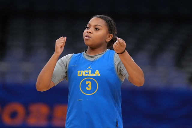 Apr 3, 2025; Tampa, FL, USA; UCLA Bruins guard Londynn Jones (3) during practice at Amalie Arena. Mandatory Credit: Kirby Lee-Imagn Images/File Photo