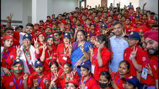 Chief minister Rekha Gupta with PWD minister Parvesh Verma and Aapda Mitra volunteers at the launch of Delhi Heat Action Plan 2025 at Delhi Secretariat on Monday. (ANI)