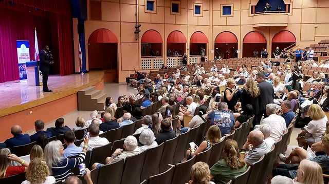 Rep. Byron Donalds speaks at a town hall in Estero, Florida, on Monday, April 21, 2025.