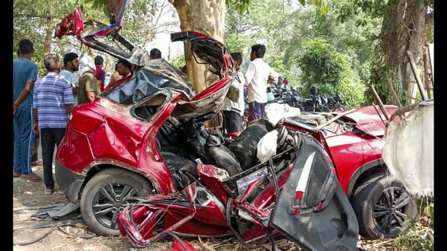 Wreckage of a car after it rammed into a tree, in Kushinagar district, Uttar Pradesh, late Sunday night. (PTI)