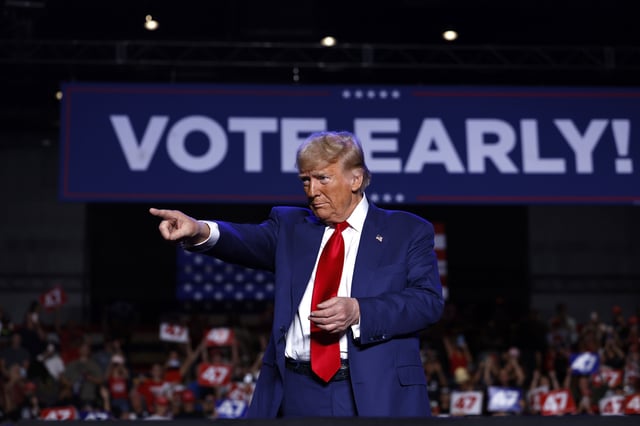 Then Republican presidential nominee, former U.S. President Donald Trump is seen speaking during a rally at Mullett Arena on October 24, 2024, in Tempe, Arizona. (Photo by Anna Moneymaker/Getty Images)