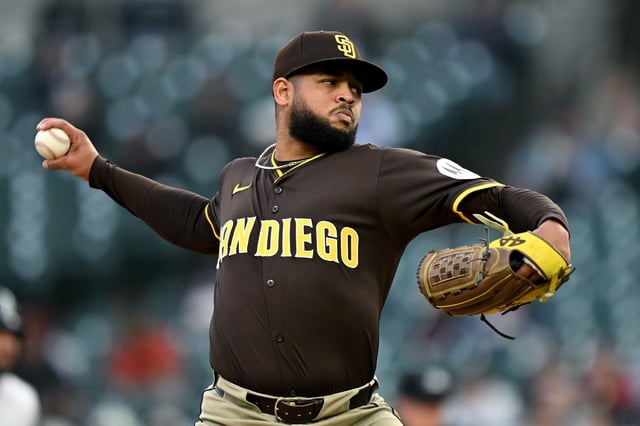 Apr 21, 2025; Detroit, Michigan, USA; San Diego Padres starting pitcher Randy Vásquez (98) throws a pitch against the Detroit Tigers in the second inning at Comerica Park. Mandatory Credit: Lon Horwedel-Imagn Images