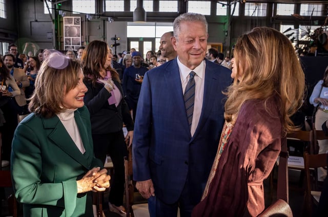 From left, U.S. Speaker Emerita Nancy Pelosi and Former Vice President Al Gore speak with SF Chief of Protocol Penny Coulter at the opening reception for San Francisco Climate Week at the Exploratorium in San Francisco, on Monday, April 21, 2025. The conference is one of the largest climate conferences in the country.