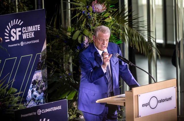 Former Vice President Al Gore speaks at the opening reception for San Francisco Climate Week at the Exploratorium in San Francisco, on Monday, April 21, 2025. The conference is one of the largest climate conferences in the country.