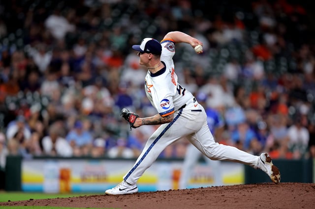 Apr 21, 2025; Houston, Texas, USA; Houston Astros starting pitcher Hunter Brown (58) delivers a pitch against the Toronto Blue Jays during the seventh inning at Daikin Park. Mandatory Credit: Erik Williams-Imagn Images