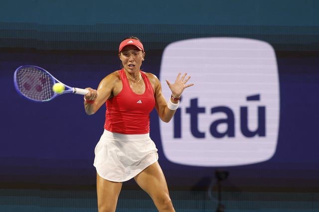 Mar 26, 2025; Miami, FL, USA; Jessica Pegula (USA) hits a forehand against Emma Raducanu (GBR)(not pictured) on day nine of the Miami Open at Hard Rock Stadium. Mandatory Credit: Geoff Burke-Imagn Images