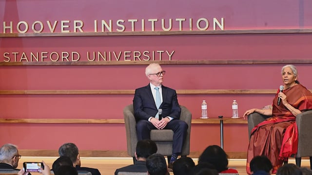 Union Finance Minister Nirmala Sitharaman, during her address at the Hoover Institution at Stanford University (photo:IANS)